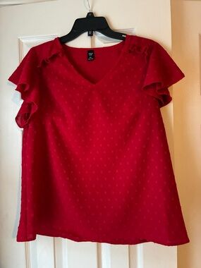 SHEIN Red V‑Neck Ruffle Sleeve Blouse